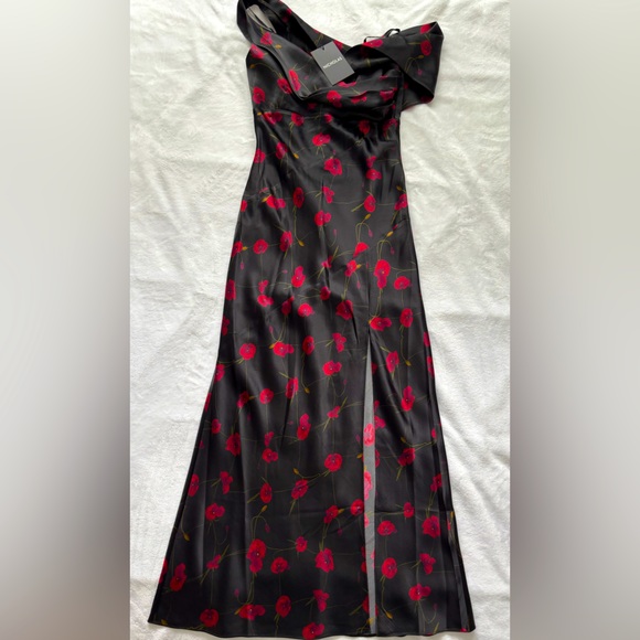 NICHOLAS Finley Silk Asymmetrical Draped Black Poppy Floral Midi Dress--4 - Picture 10 of 16